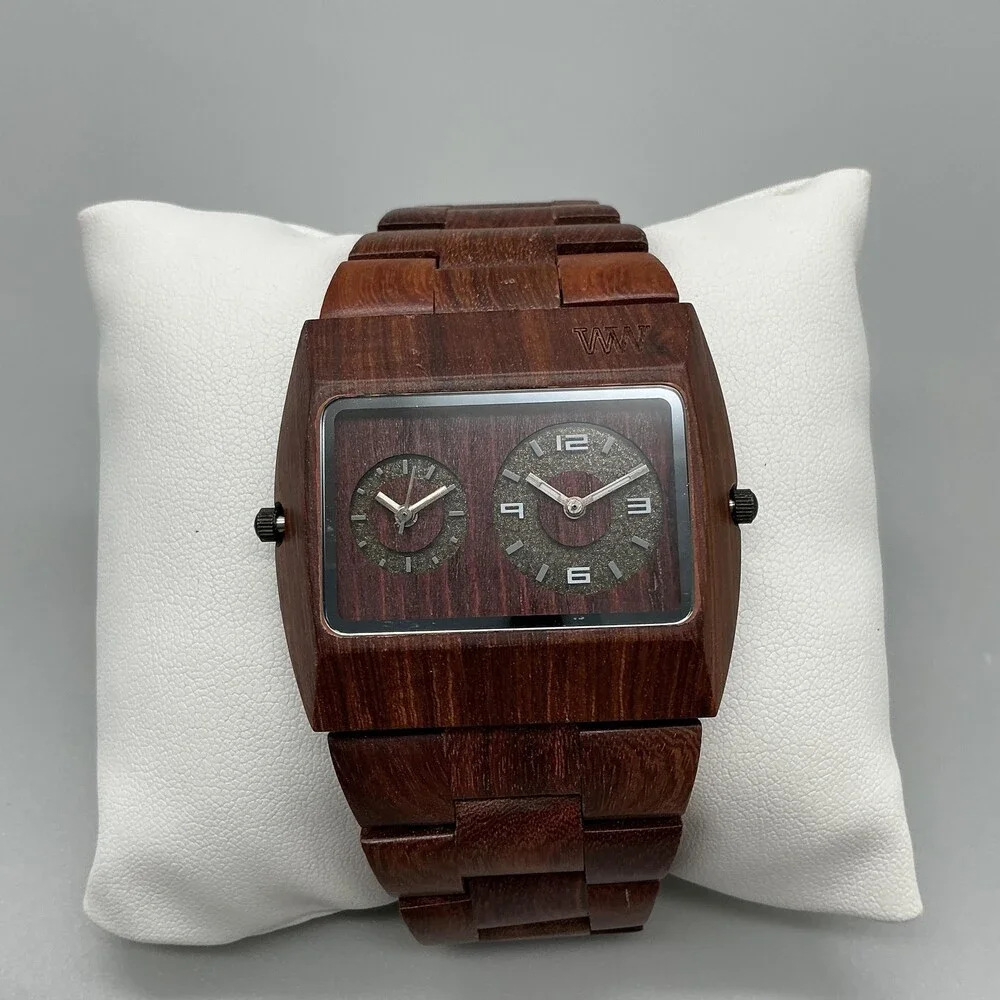 WeWOOD G12-108 Mens Watch 46mm Dual Time Natural Wood Bracelet New Battery 9.25